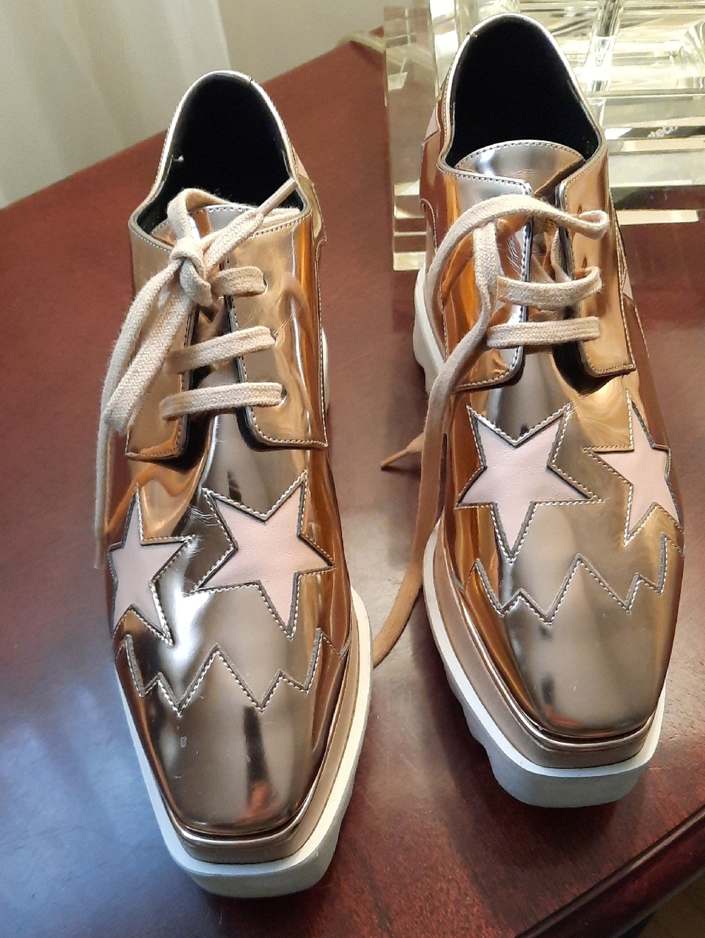 Stella McCartney Metallic Rose Gold Star Lace-Up Platform Oxfords